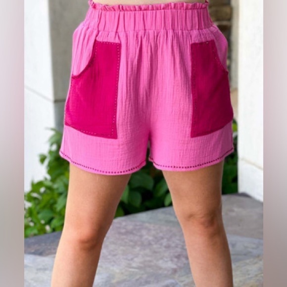 NWT PEACH LOVE RAINA RHINESTONE PINK GAUZE SHORTS WITH “PAPERBAG” ELASTIC WAIST - Picture 3 of 9